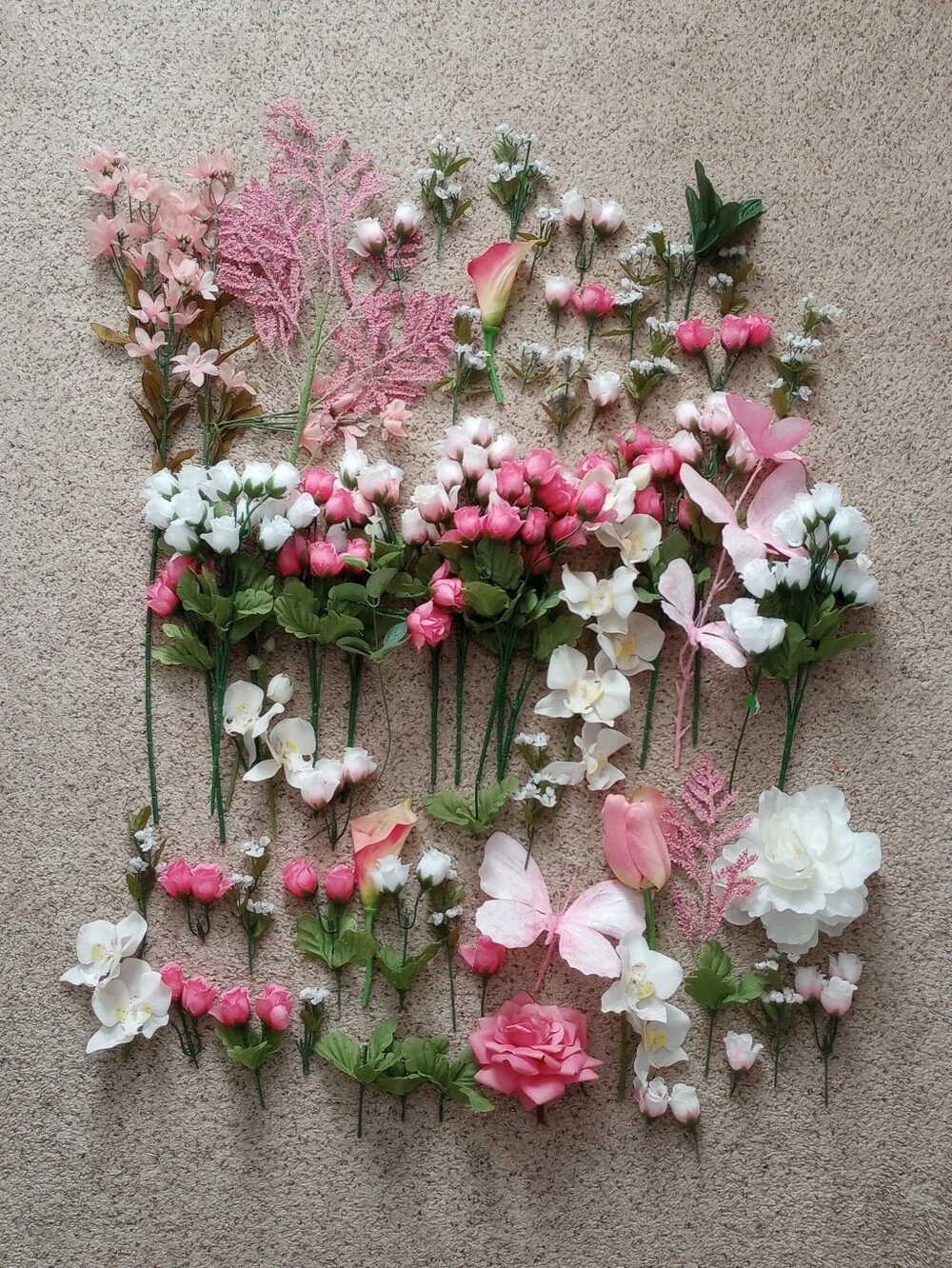 Huge Lot Of Artificial / Faux Flowers Florals Pink White Roses Butterflies